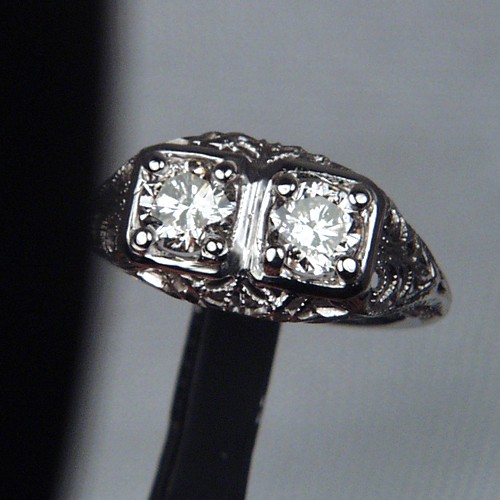 Antique 18kt Filigree White Gold Two Diamond Ring  Litnon.com