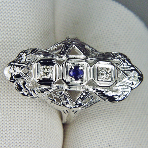 Antique 14kt Filigree White Gold Diamond and Sapphire Ring  Litnon.com