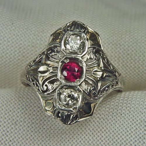 Antique Filigree Platinum Diamond and Ruby Ring  Litnon.com