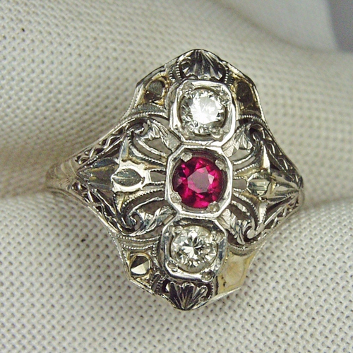 Antique Filigree Platinum Diamond and Ruby Ring  Litnon.com