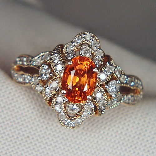 Estate Pretty Mandarin Garnet Diamond Ring 14kt  Litnon.com