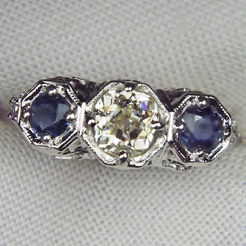 Antique 18kt Filigree White Gold Diamond and Sapphire Ring  Litnon.com