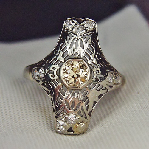 Antique 14kt Filigree White Gold Diamond and Sapphire Ring  Litnon.com