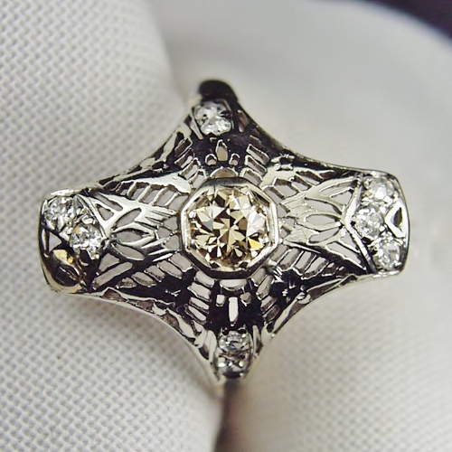 Antique 14kt Filigree White Gold Diamond and Sapphire Ring  Litnon.com