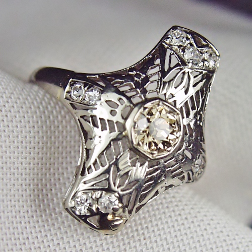 Antique 14kt Filigree White Gold Diamond and Sapphire Ring  Litnon.com