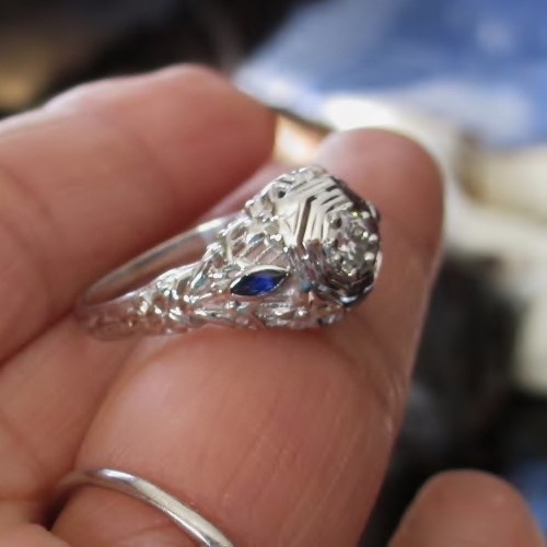 Antique 18kt White Gold Old Euro Cut Diamond and Sapphire Ring  Litnon.com