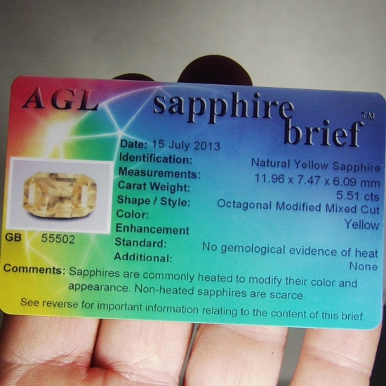 AGL Certified Unheated Yellow Ceylon Sapphire 5.51ct  Litnon.com