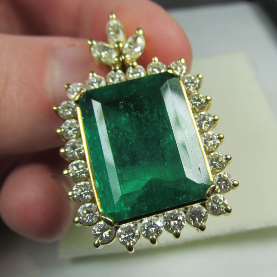Estate Huge 15+ ct Colombian Emerald Diamond 18kt Pendant  Litnon.com