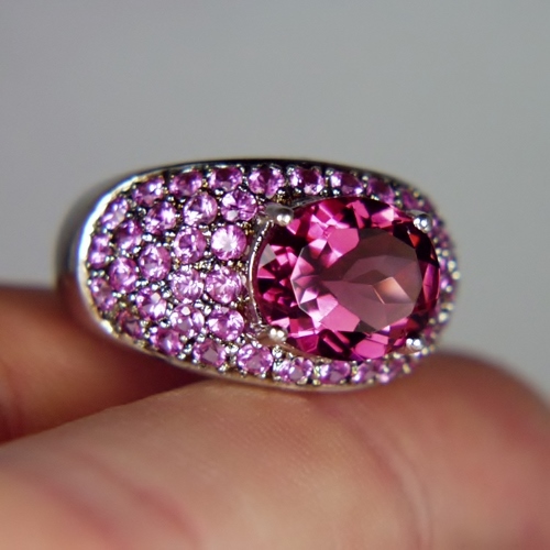 Quality Fine Color Pink Tourmaline and Pink Sapphire Ring 14kt WG GLI PAID Litnon.com