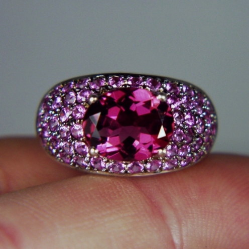Quality Fine Color Pink Tourmaline and Pink Sapphire Ring 14kt WG GLI PAID Litnon.com