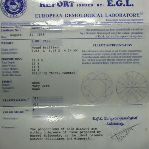 Special Price Estate EGL Certified SI-1 F Color Diamond 1.08 ct  Litnon.com