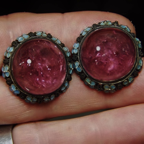 Antique California Pink Tourmaline Enamel Earrings  Litnon.com