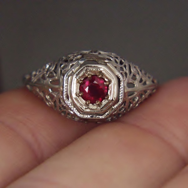 Antique 18kt Filigree White Gold Burmese Ruby Ring  Litnon.com