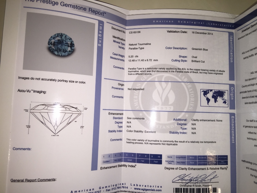 AGL Certified Cuprian Paraiba Type Tourmaline 5.20 ct GL Litnon.com