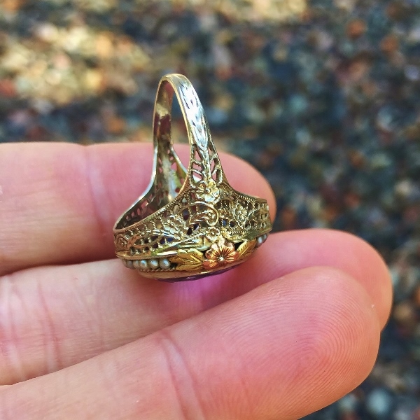 Antique 14 kt Tri - Color Gold Filigree Amethyst Seed Pearl Ring  Litnon.com
