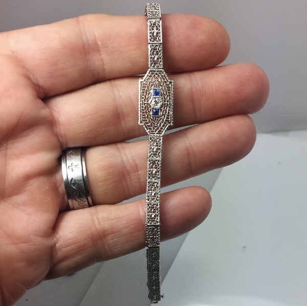 Antique 14kt Filigree White Gold Diamond - Sapphire Bracelet  Litnon.com