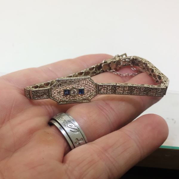 Antique 14kt Filigree White Gold Diamond - Sapphire Bracelet  Litnon.com