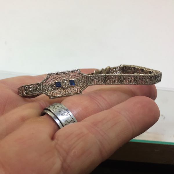 Antique 14kt Filigree White Gold Diamond - Sapphire Bracelet  Litnon.com