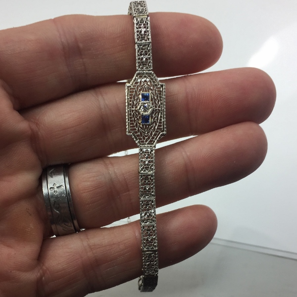 Antique 14kt Filigree White Gold Diamond - Sapphire Bracelet  Litnon.com