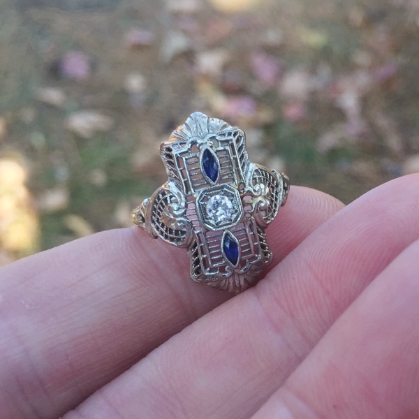Antique 14kt White Gold Filigree Diamond Sapphire Ring  Litnon.com