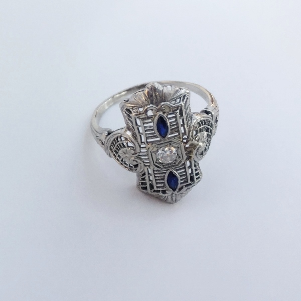 Antique 14kt White Gold Filigree Diamond Sapphire Ring  Litnon.com