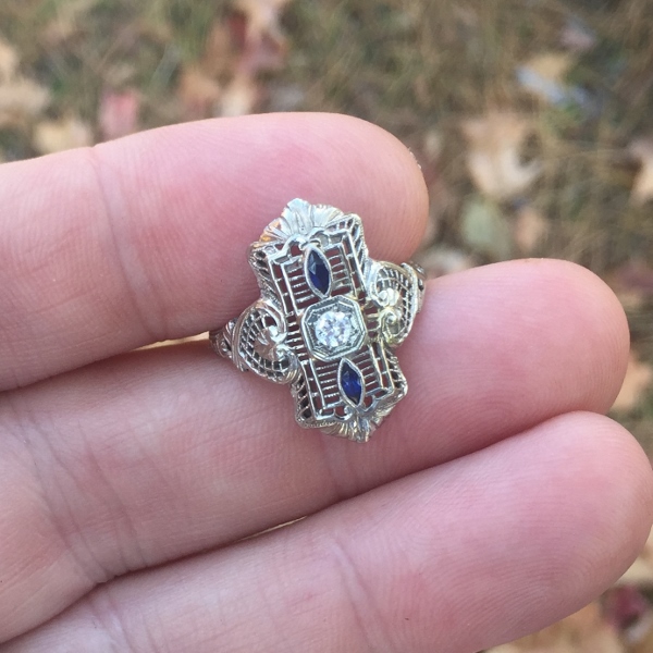 Antique 14kt White Gold Filigree Diamond Sapphire Ring  Litnon.com