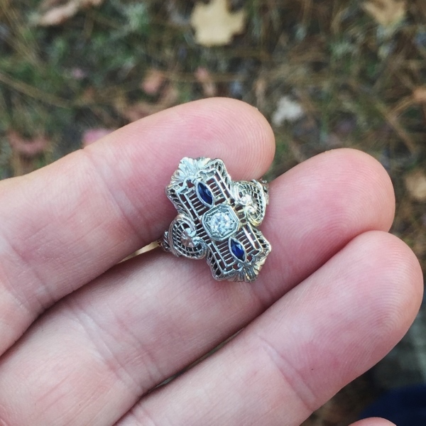 Antique 14kt White Gold Filigree Diamond Sapphire Ring  Litnon.com