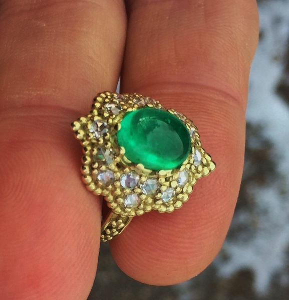 Natural Colombian Emerald Cab and Rose Cut Diamond Ring 18kt  Litnon.com