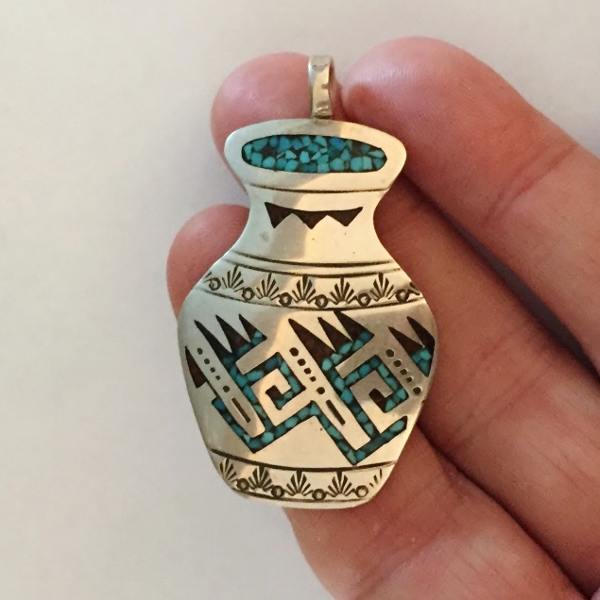 Vintage Navaho Native American Sterling Silver Inlay Pendant  Litnon.com