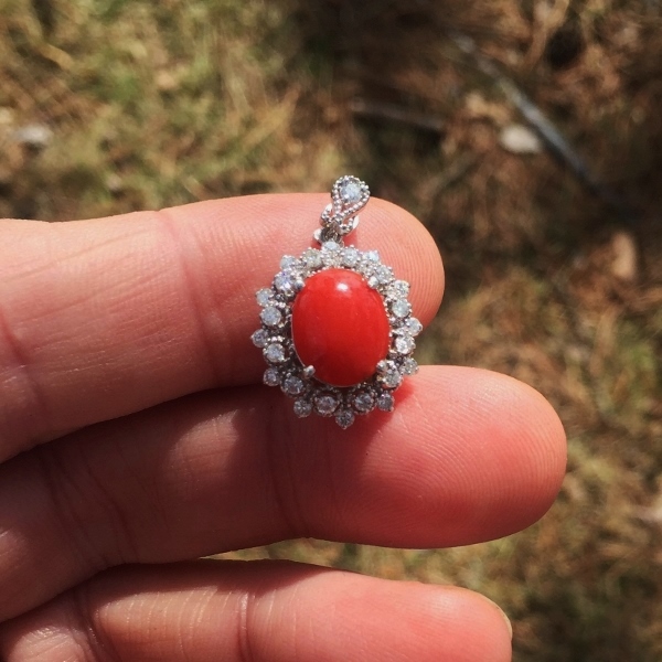 Vintage Sardinian Ox Blood Coral and Diamond Pendant 14kt White Gold  Litnon.com