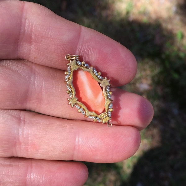 Antique Victorian Era Salmon Coral and Pearl Cameo Pendant  Litnon.com