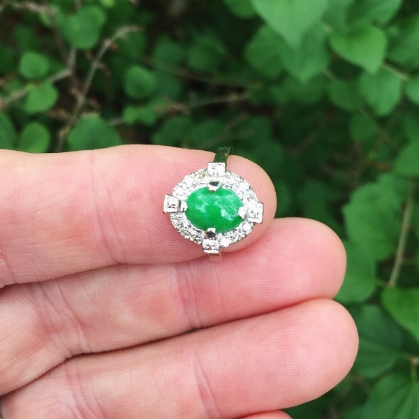 Vintage Green Jadeite Palladium Diamond Ring GL Litnon.com