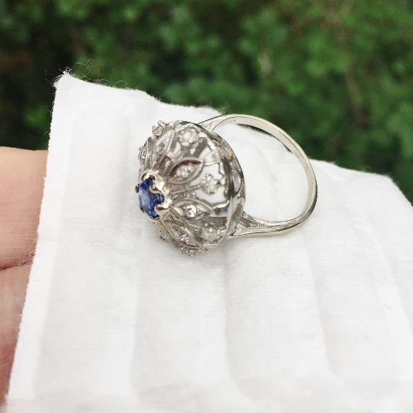 Antique 14 karat White Gold Diamond and Sapphire Ring Litnon.com
