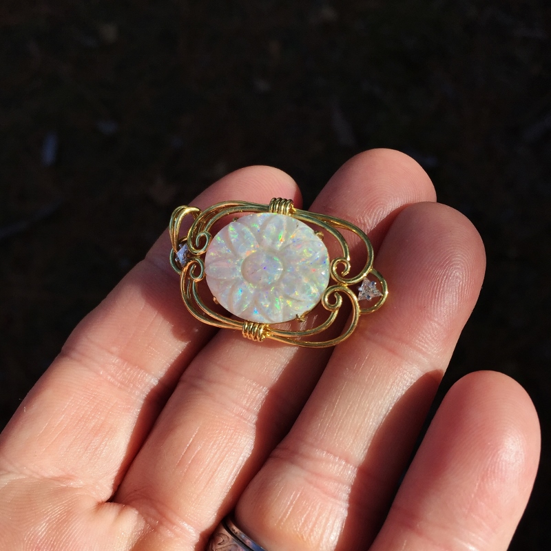 Multi-Color Fire Vintage 18 kt Carved Australian Opal Pendant  Litnon.com