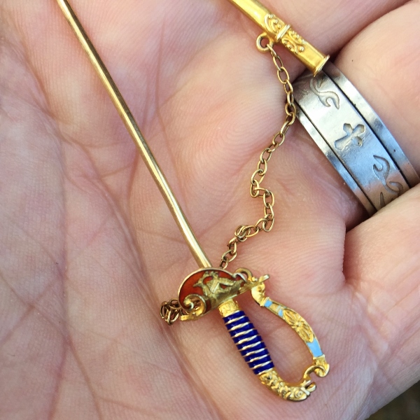 Antique Victorian 14 karat Enamel Sword Jabot Pin and Scabbard GL Litnon.com