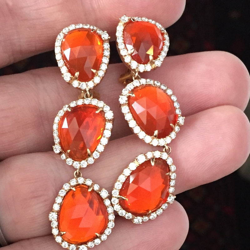 Spectacular Vintage Quality 18kt Mexican Fire Opal Diamond Earrings GL Litnon.com