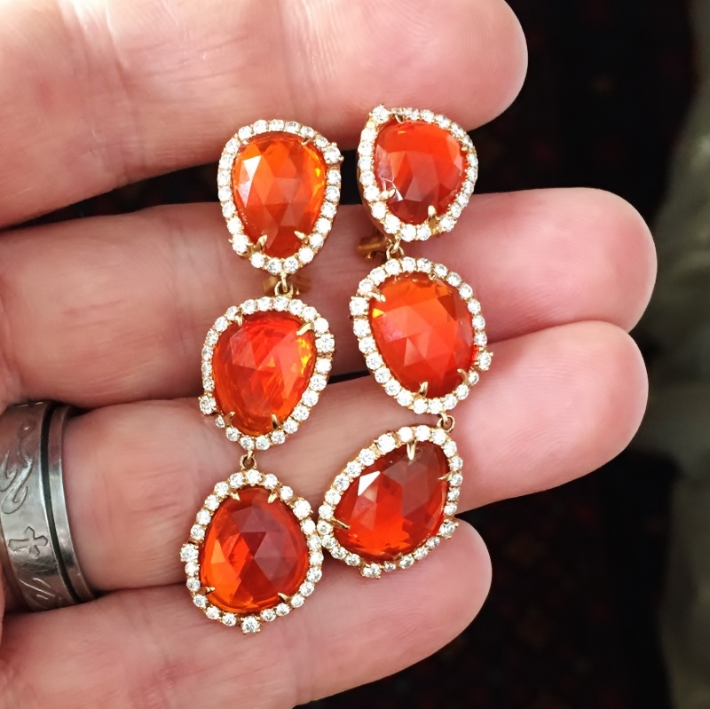 Spectacular Vintage Quality 18kt Mexican Fire Opal Diamond Earrings GL Litnon.com