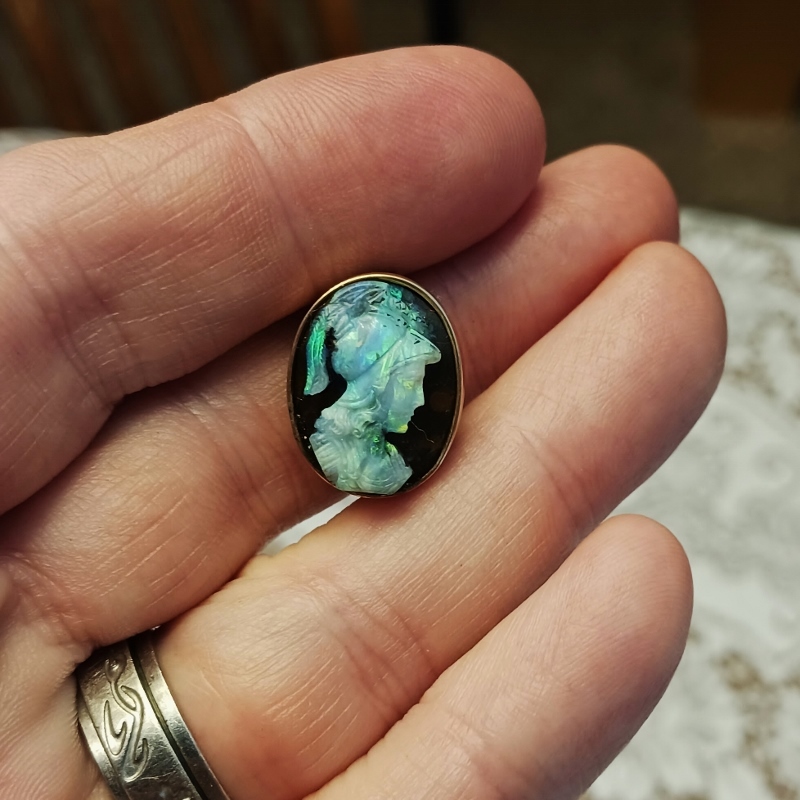 Antique Australia Bolder Opal Carved Cameo Pin 14kt  Litnon.com