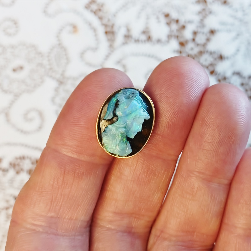 Antique Australia Bolder Opal Carved Cameo Pin 14kt  Litnon.com