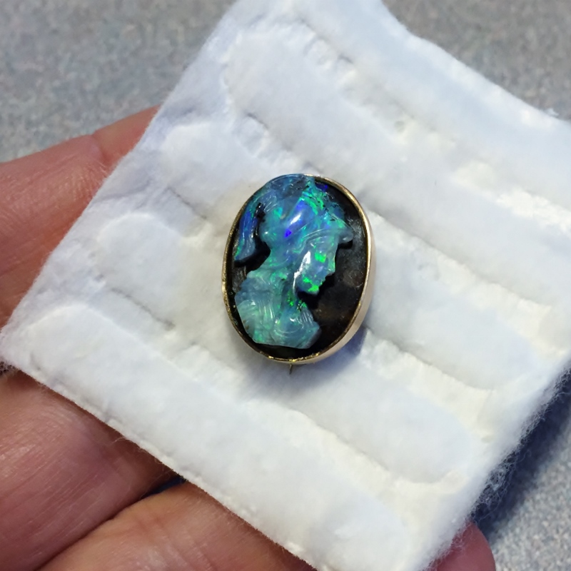 Antique Australia Bolder Opal Carved Cameo Pin 14kt  Litnon.com