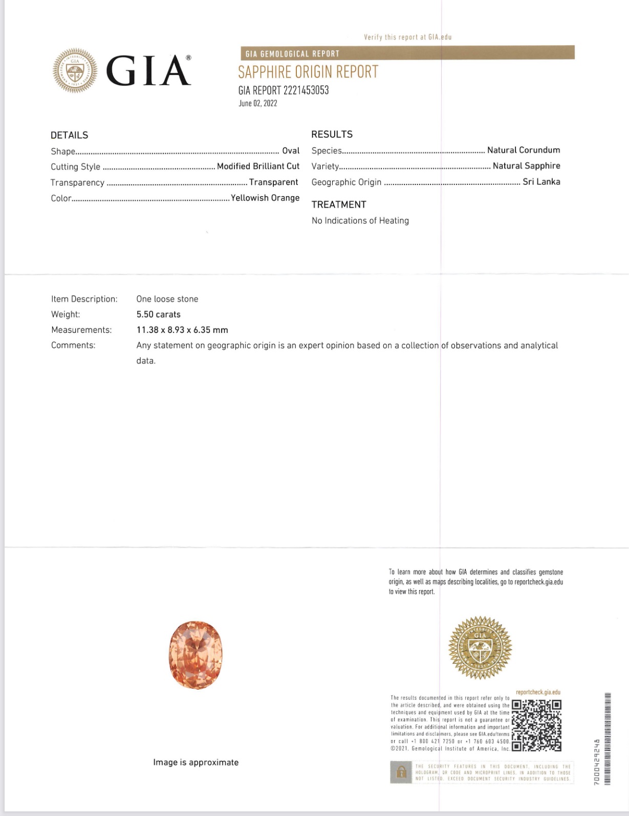 GIA Certified Unheated Yellowish Orange Sapphire Sri Lanka 5.50 ct  Litnon.com