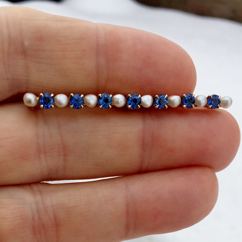 Vintage Quality Montana Blue Sapphire and Pearl 14kt Bar Pin  Litnon.com