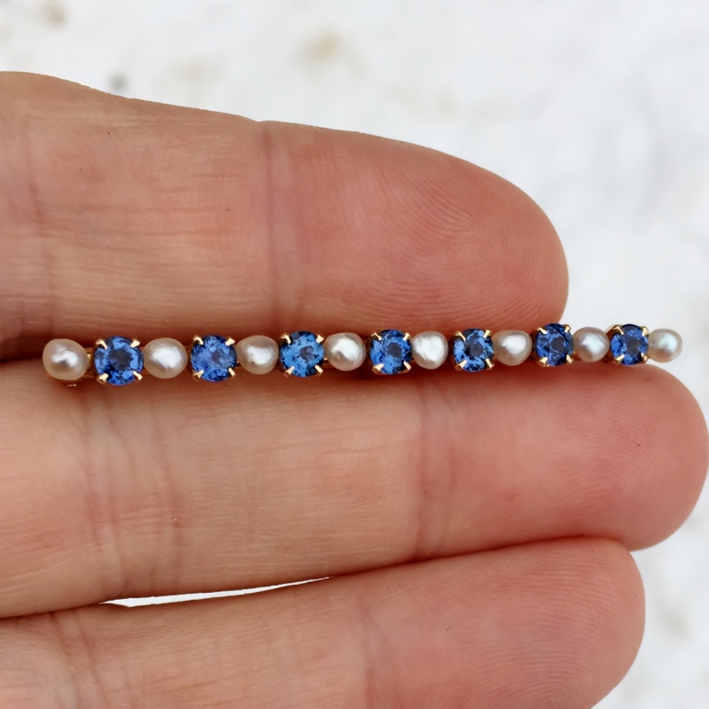 Vintage Quality Montana Blue Sapphire and Pearl 14kt Bar Pin  Litnon.com