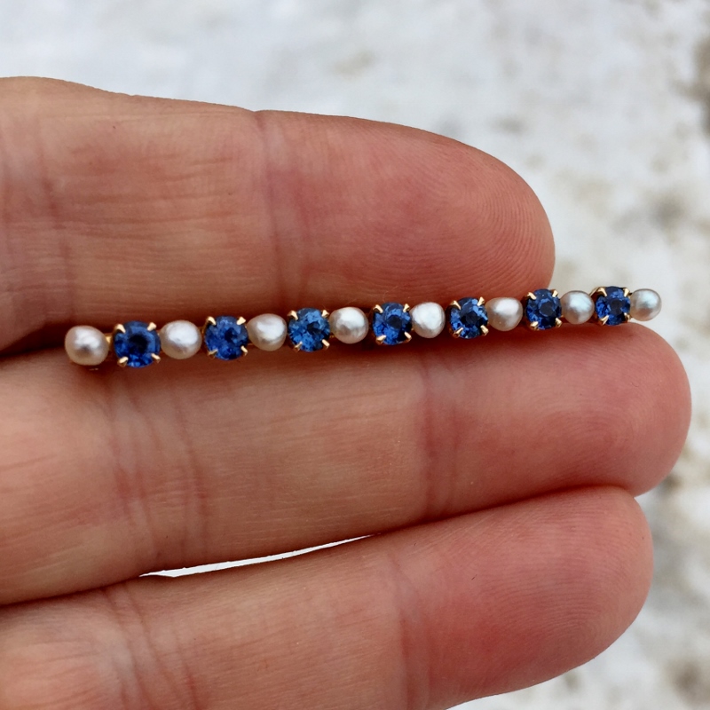 Vintage Quality Montana Blue Sapphire and Pearl 14kt Bar Pin  Litnon.com