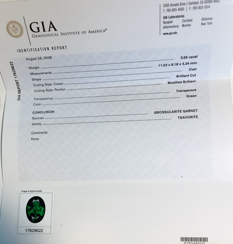 GIA Certified Natural Tsavorite Garnet Kenya 3.65 carats GL Litnon.com