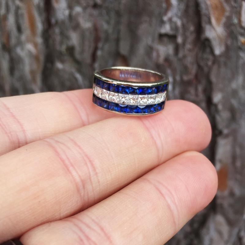 Channel Set Princess Cut Sapphire and Diamonds 18 kt Ring  Litnon.com