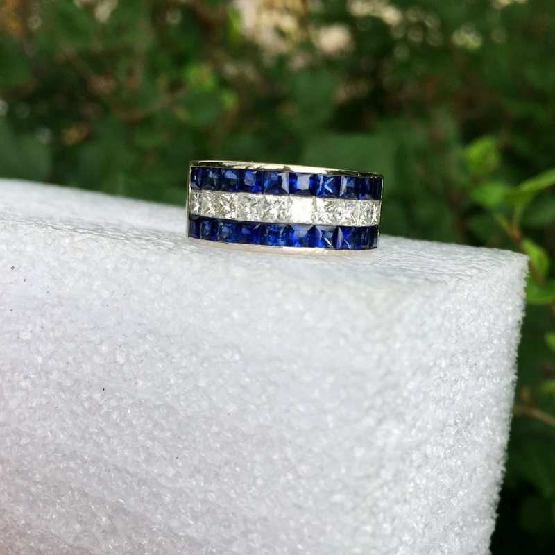 Channel Set Princess Cut Sapphire and Diamonds 18 kt Ring  Litnon.com