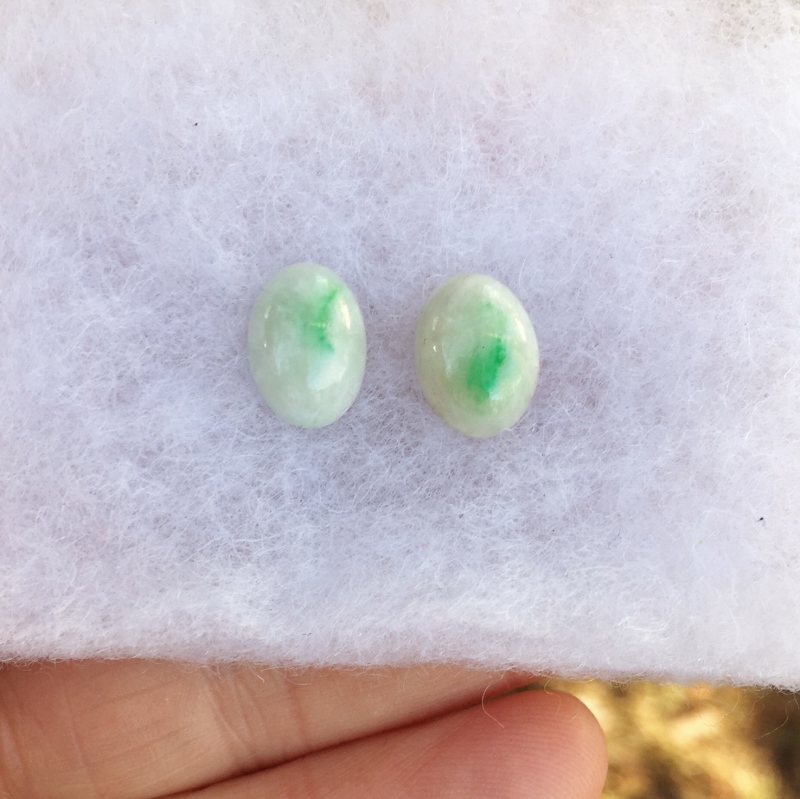 Green Spot Type A Burmese White Jadeite Cabochon Pair 10.02 ct  Litnon.com