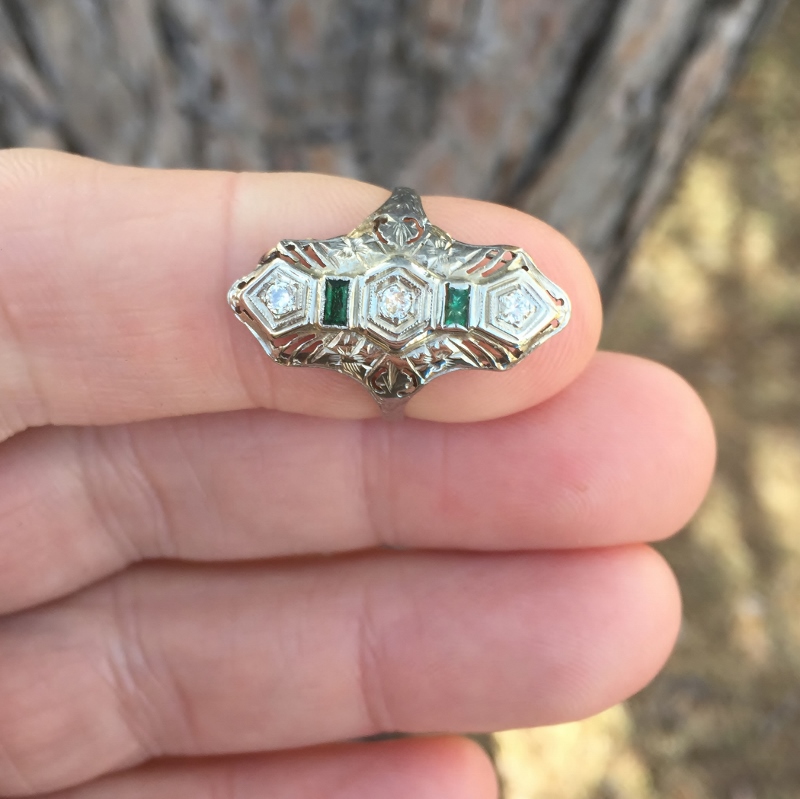 Antique 18kt White Gold Filigree Diamond Emerald Ring  Litnon.com