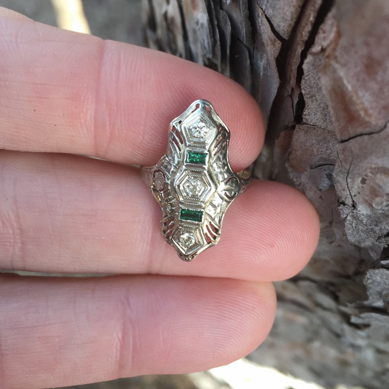 Antique 18kt White Gold Filigree Diamond Emerald Ring  Litnon.com